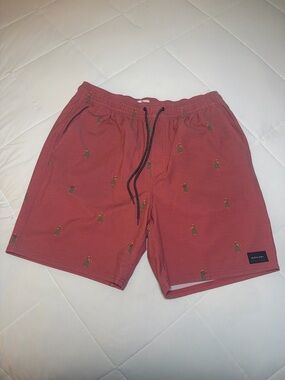 Rip Curl Coral-Red Swim Shorts with Mini Parrot Motif size M
